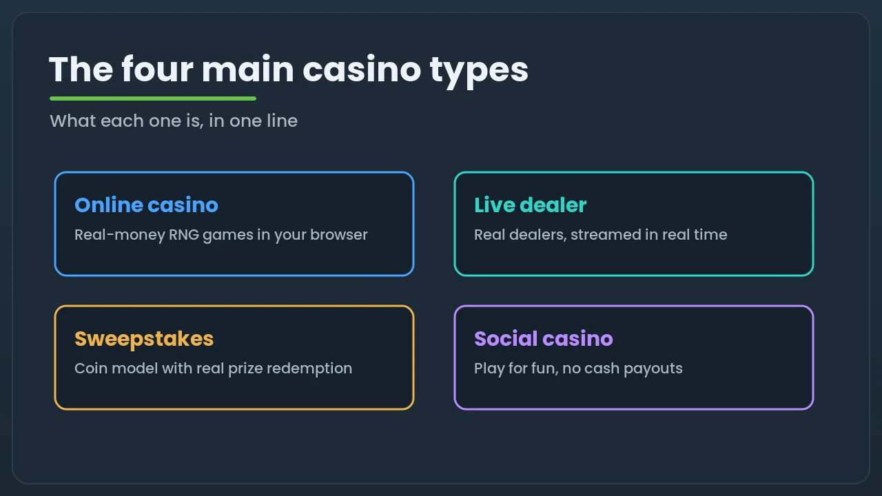 Diagram of the four casino types arranged in two families: real-money online and live dealer on the cash side, and sweepstakes and social on the free-to-play side