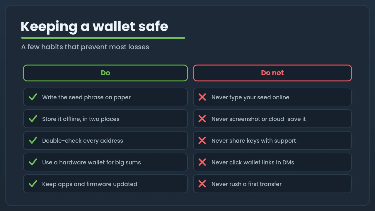 Wallet security dos and don'ts, from writing the seed phrase on paper to never sharing keys with support