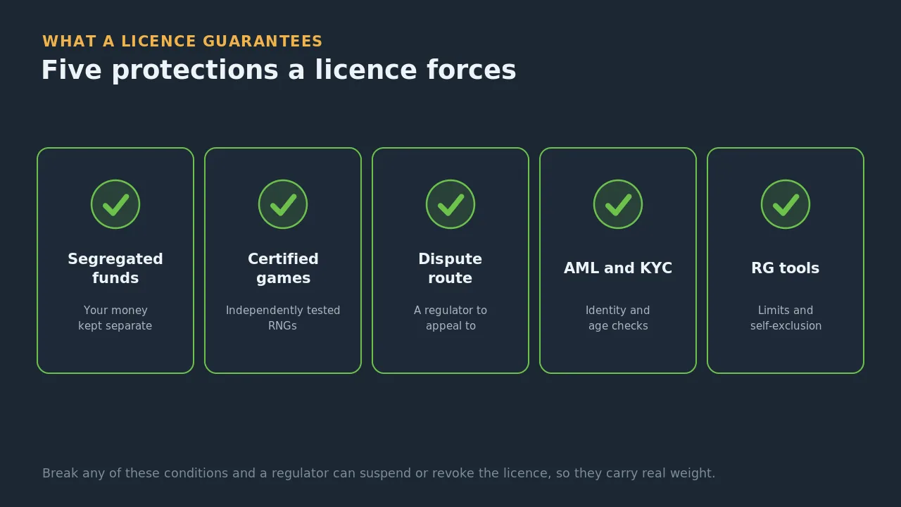 Five protections a casino licence guarantees: segregated funds, certified games, a dispute route, AML and KYC checks, and responsible-gambling tools