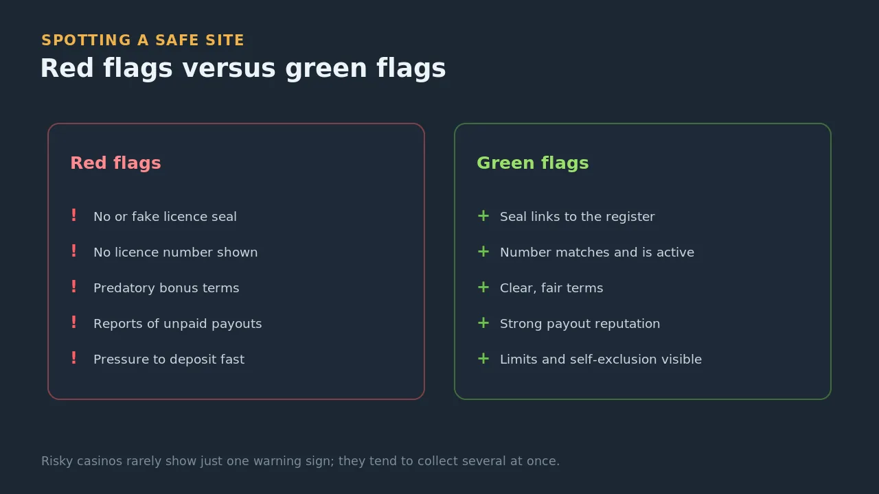 Red flags of an unsafe casino such as fake seals and predatory terms, set against the green flags of a safe, licensed one