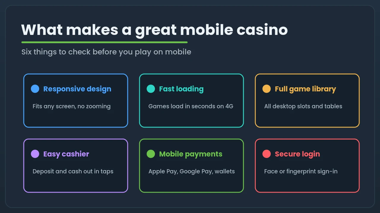 Six tiles showing what makes a great mobile casino: responsive design, fast loading, full game library, easy cashier, mobile payments and secure login
