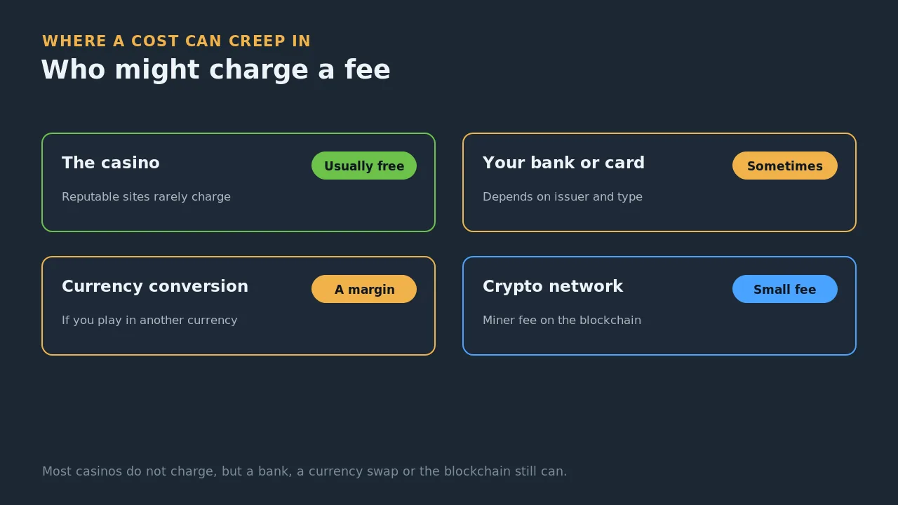 Where fees can appear on casino payments: the casino is usually free, while a bank, currency conversion or the crypto network may charge