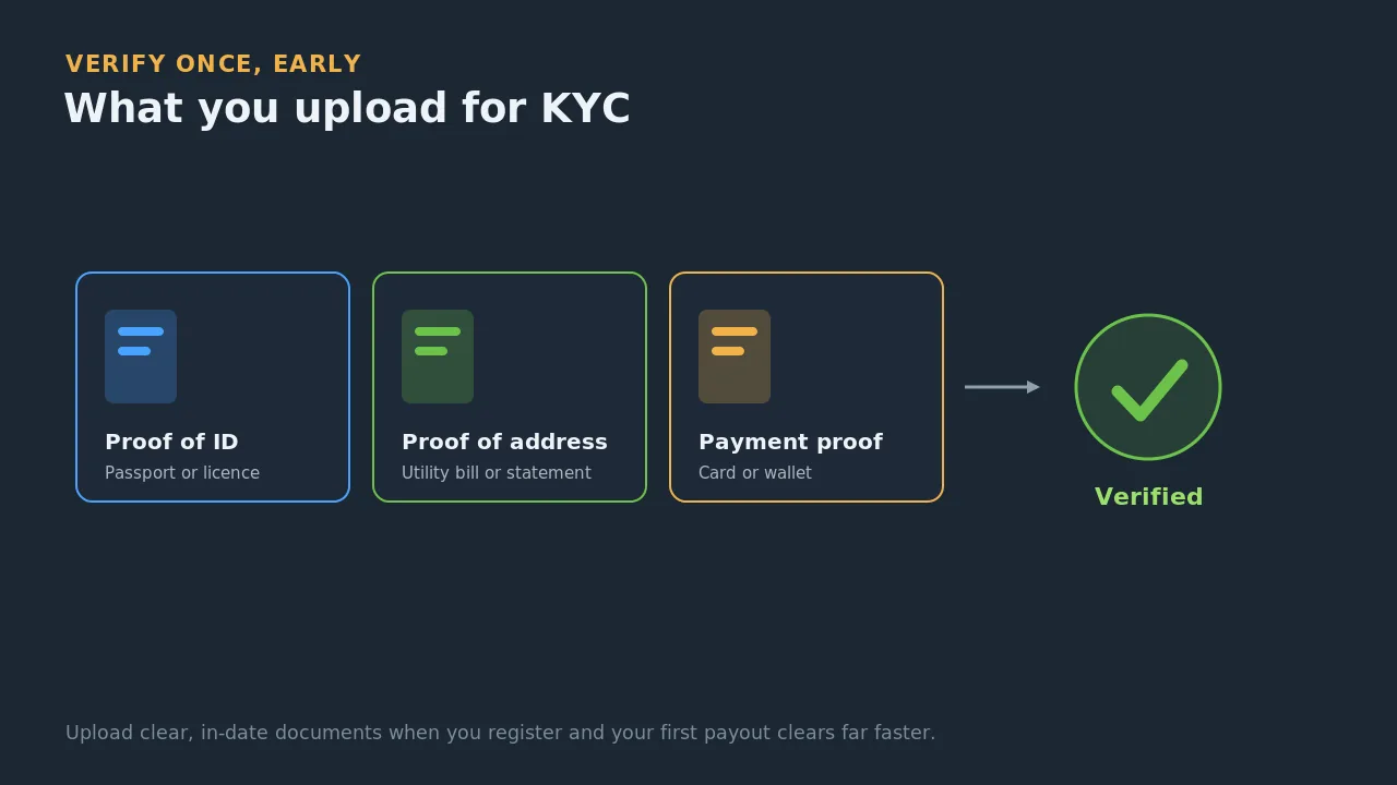 The three documents needed for casino KYC verification: proof of ID, proof of address and proof of payment, leading to a verified account