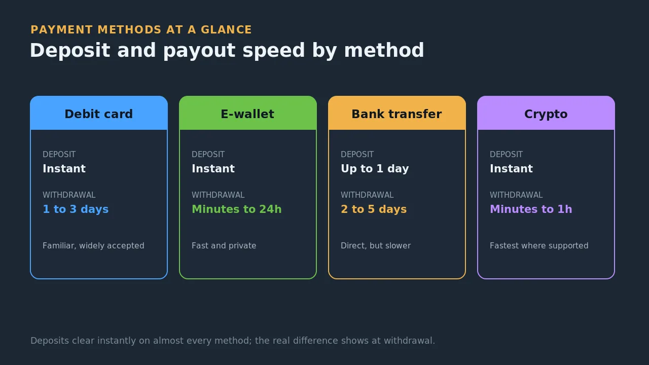 Comparison of casino payment methods showing deposit and withdrawal speed for debit cards, e-wallets, bank transfer and crypto