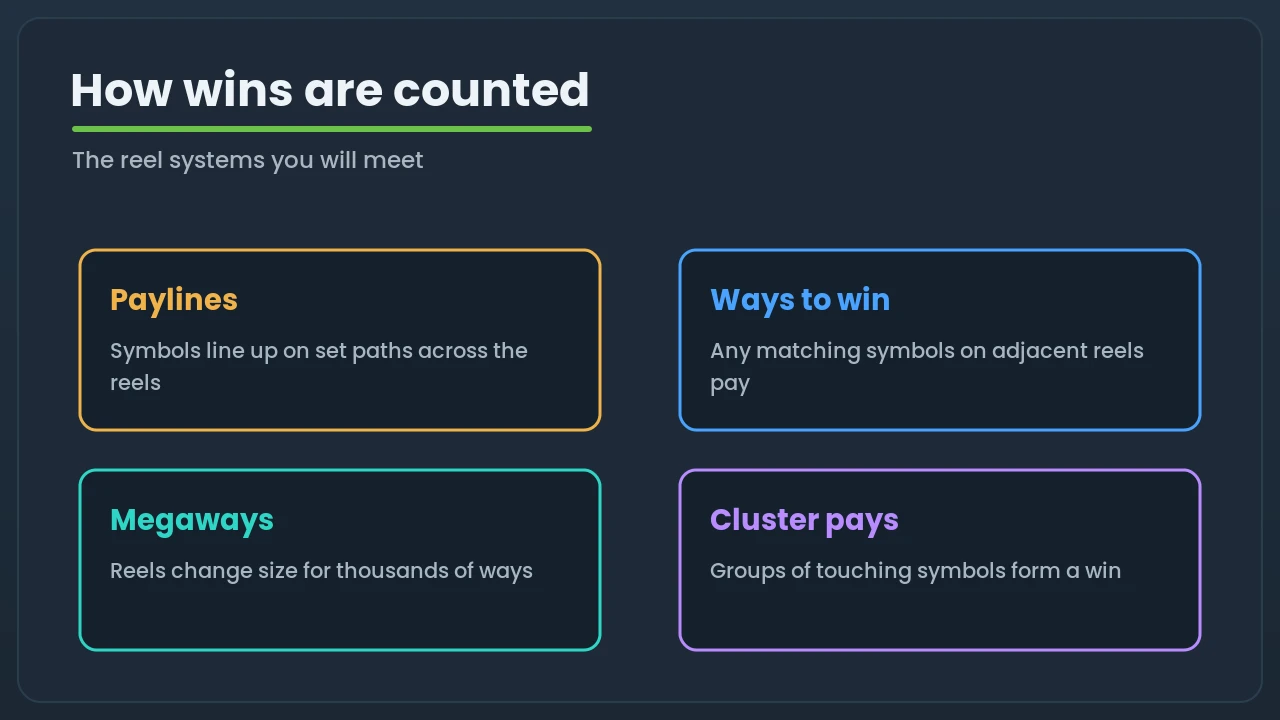 Four win mechanics: paylines, ways to win, Megaways and cluster pays, each explained in a card