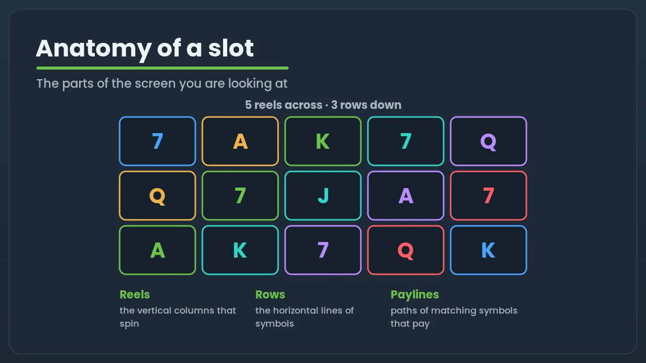 Diagram of a slot grid labelling the reels as vertical columns, rows as horizontal lines, and paylines as paths of matching symbols