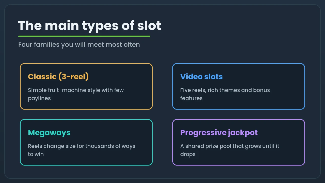 Four cards describing the main slot types: classic three-reel, video slots, Megaways and progressive jackpot