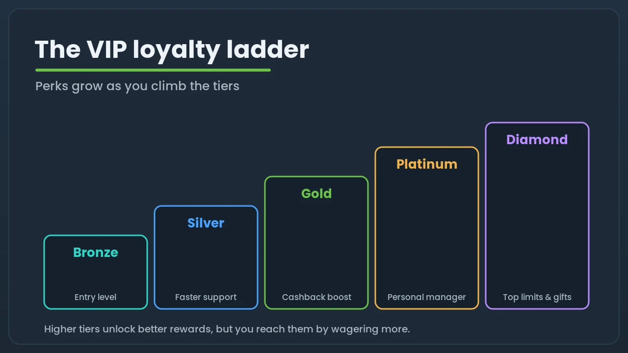 Diagram of a casino VIP loyalty ladder from Bronze up to Diamond, with perks growing at each higher tier