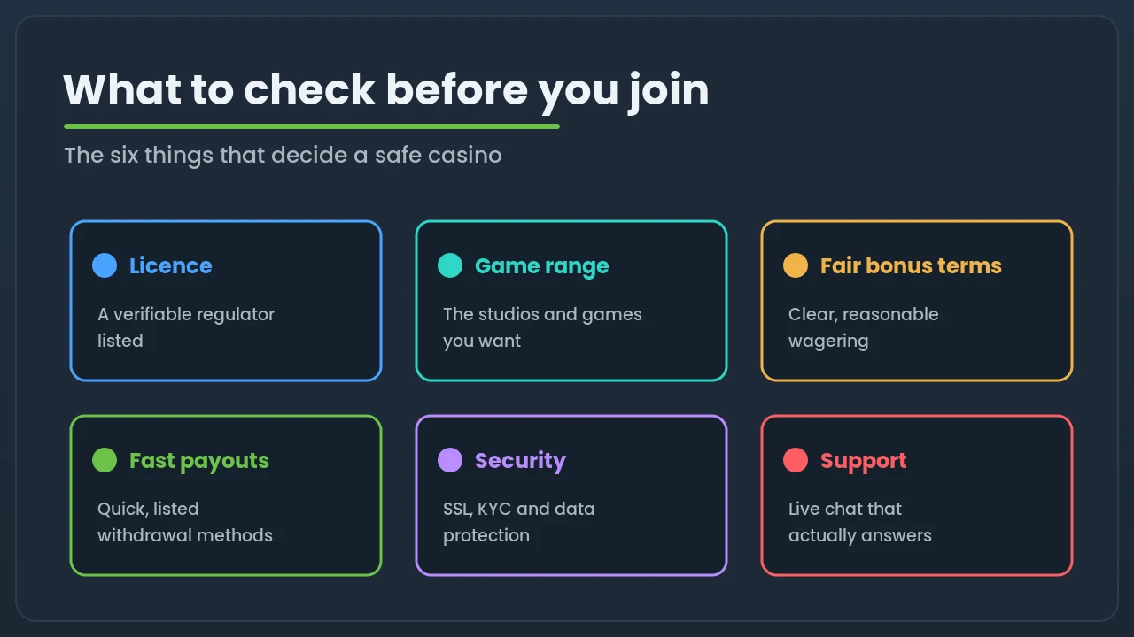 Six tiles showing what to check before joining a casino: licence, game range, fair bonus terms, fast payouts, security and support