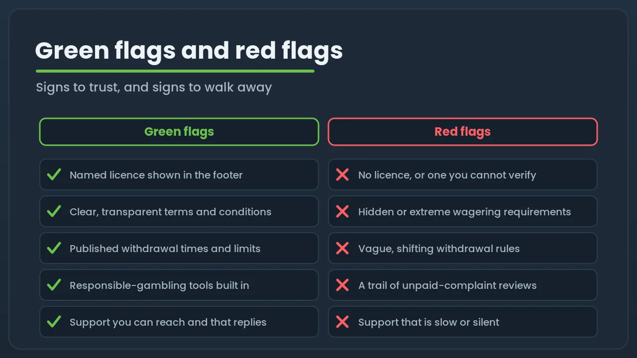 Two columns comparing green flags such as a named licence and clear terms against red flags such as no licence and hidden wagering