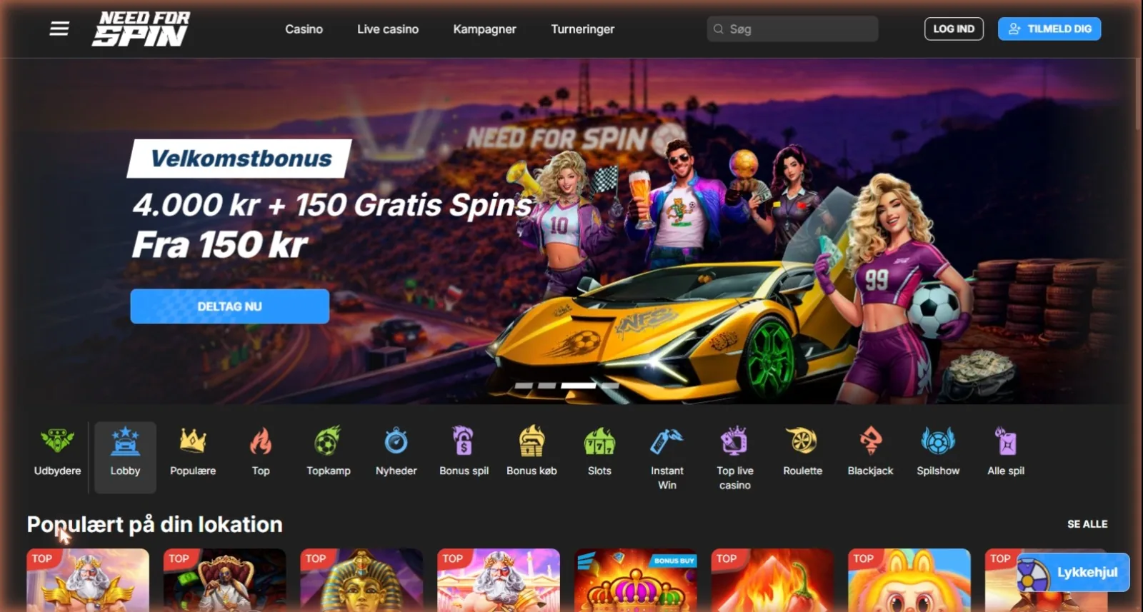 Need for Spin casino forside med racertema