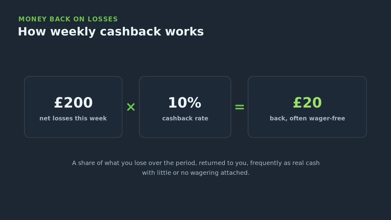 How weekly cashback works: 200 pounds of net losses times 10 percent equals 20 pounds back as cash