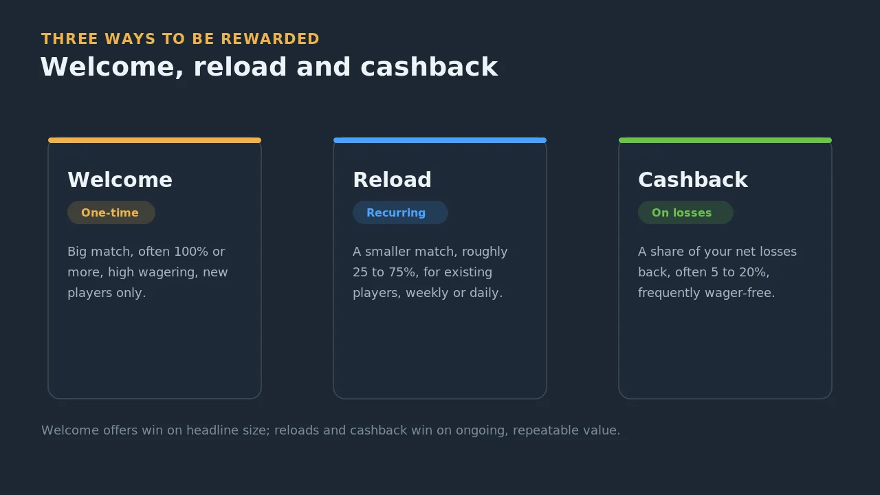 Three ways casinos reward players: welcome bonuses, reload bonuses, and cashback