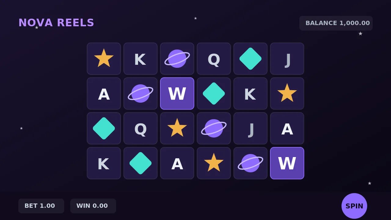An illustrative Nova Reels game screen showing a six by four grid of star, planet, gem and royal symbols with a spin button
