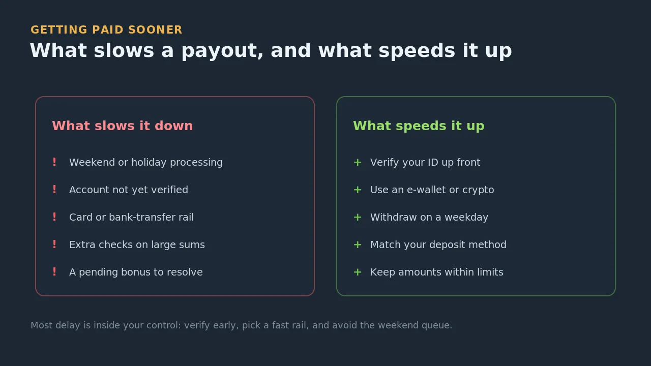 Two panels comparing what slows a payout down, such as weekends and unverified accounts, against what speeds it up, such as verifying early and using an e-wallet or crypto