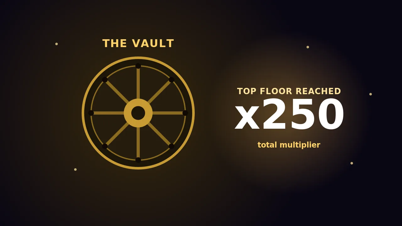 An illustrative Vault bonus screen for Tower Rush Live showing an opening vault and a large 250x total multiplier