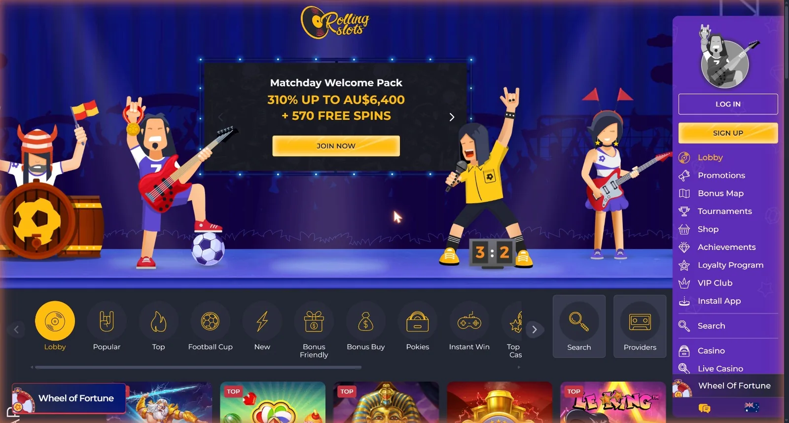 Rolling Slots Australian homepage showing the Summer Welcome Pack of 300% up to AU$6,400
