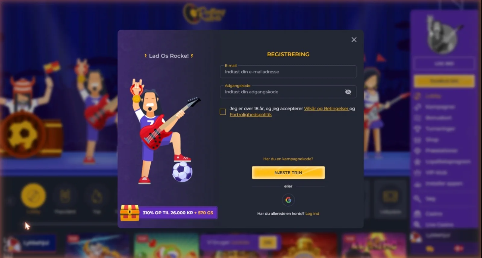 Rolling Slots casino forside med velkomstbonus