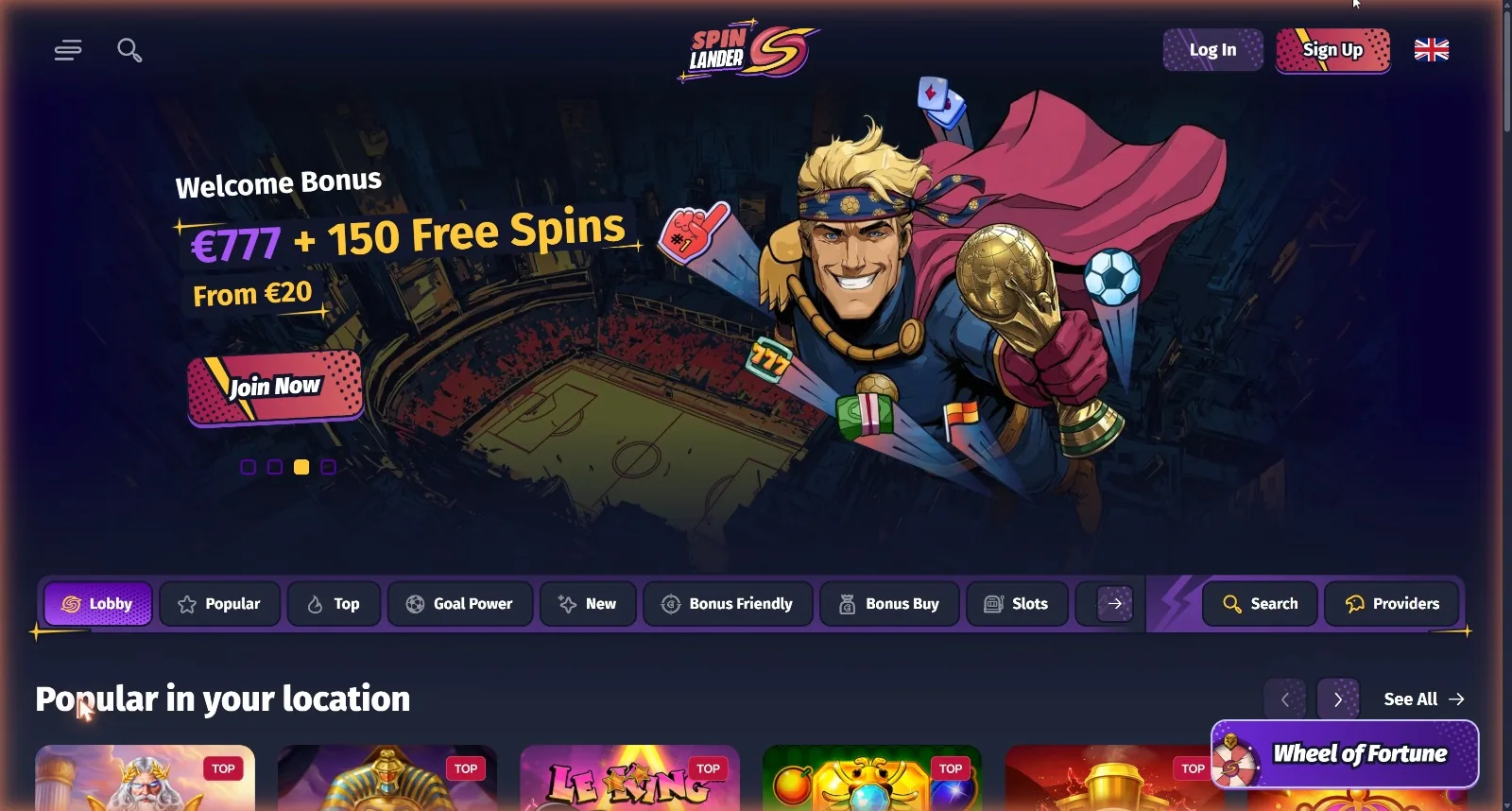SpinLander casino homepage with superhero theme